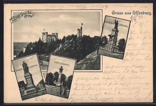 AK Offenburg, Drake-, Oken- und Krieger-Denkmal mit Schloss Ortenberg