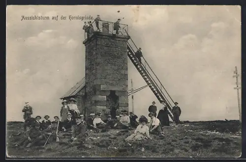 AK Hornisgrinde, Wanderer und Soldaten am Aussichtsturm