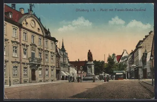 AK Offenburg i. B., Markt mit Franzis-Drake-Denkmal
