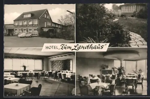 AK Hohenwestedt, Hotel Zum Landhaus, Aussenansicht, Gartenansicht mit Wasserfontaine, Innenansichten