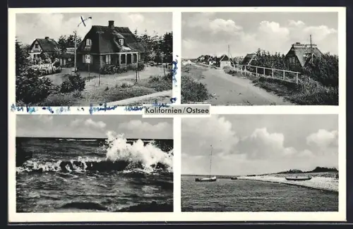 AK Kalifornien /Ostsee, Strandpartie mit Wellengang, Alte Häuser mit Reetdächern