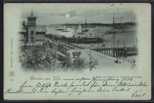 Mondschein-AK Kiel, Blick auf Hafen u. Landungsbrücke