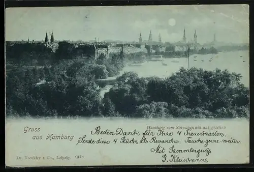 Mondschein-AK Hamburg-Uhlenhorst, Blick vom Schwanenwik auf Alster und Stadtpanorama