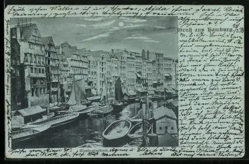Mondschein-AK Alt-Hamburg, Wandrahmsfleet, Speicher, Boote