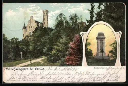 Lithographie Görlitz, Landeskrone, Bismarcksäule