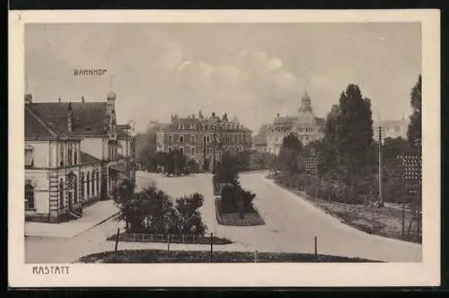 AK Rastatt, Bahnhof mit Umgebung aus der Vogelschau