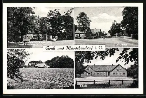 AK Märschendorf i. O., Gasthaus Josef Eveslage, Dorfpartie, Schule