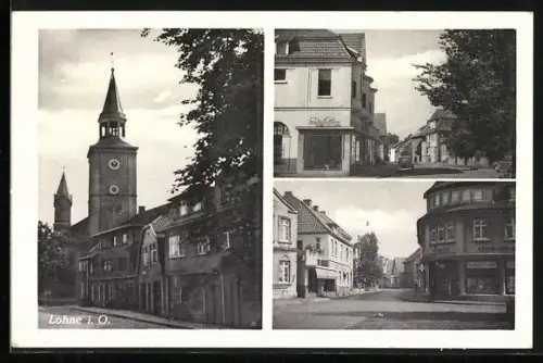 AK Lohne i. O., Kirche, Geschäftshaus Café Prinz, Strassenszene