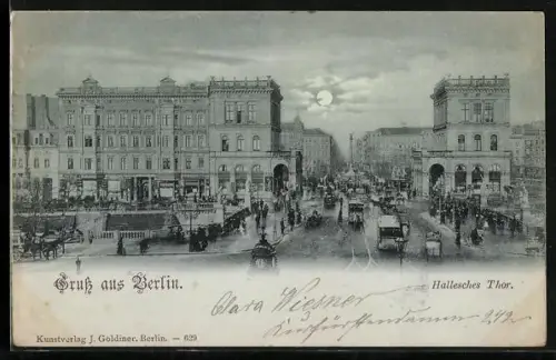 Mondschein-AK Berlin-Kreuzberg, Hallesches Thor, Strassenansicht mit Gebäuden und Verkehr
