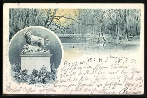 Lithographie Berlin, Löwenbrücke, Löwengruppe im Tiergarten