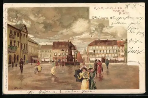 Lithographie Karlsruhe, Marktplatz mit Brunnen