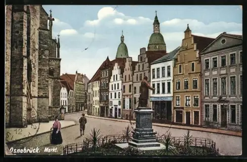 AK Osnabrück, Markt mit Geschäften und Denkmal