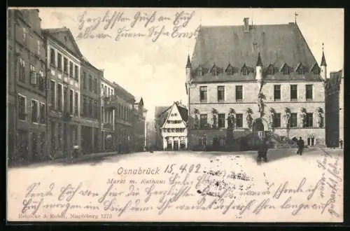 AK Osnabrück, Markt mit Geschäften und Rathaus