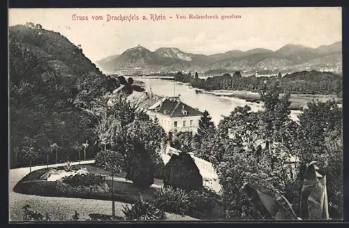 AK Drachenfels a. Rhein, Blick vom Rolandswerth auf Rhein und Gebirge