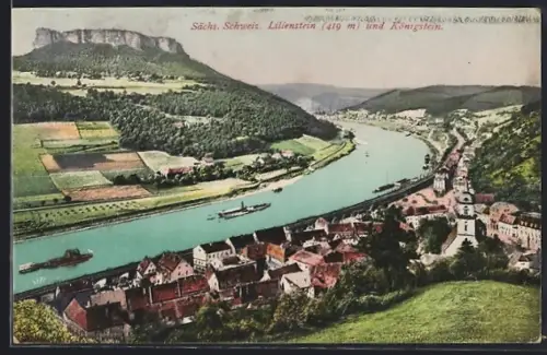 AK Königstein /Sächs. Schweiz, Lilienstein, Elbe, Stadtansicht