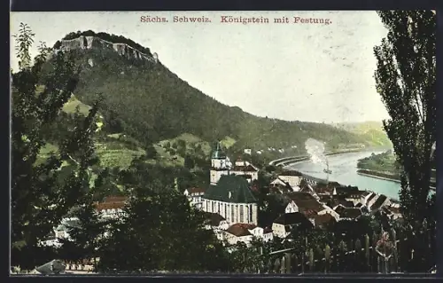 AK Königstein /Sächs. Schweiz, Festung, Stadtansicht, Elbe