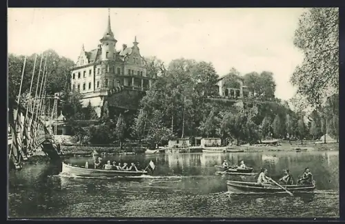 AK Grimma i. Sa., Gattersburg am Muldenhafen, Schloss, Bootsfahrt
