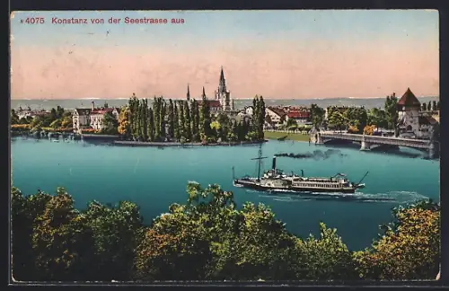 AK Konstanz, Teilansicht mit Dampfer von der Seestrasse aus