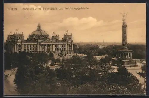 AK Berlin-Tiergarten, die Siegessäule vor dem Reichstagsgebäude