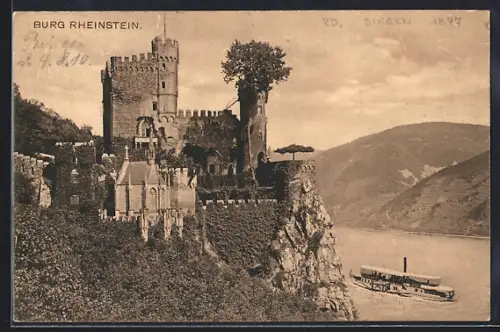 AK Rheinstein, Blick auf die Burg mit Dampfer