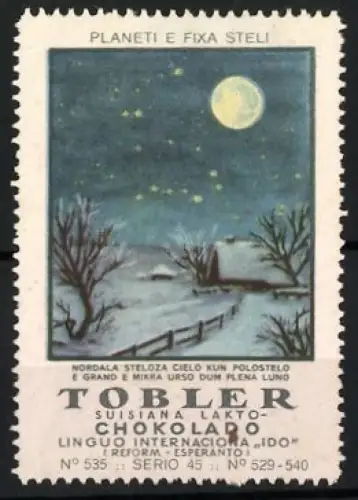 Reklamemarke Tobler, Suisiana Lakto-Chokolado, Astronomie-Serie, Winterlandschaft bei Vollmond