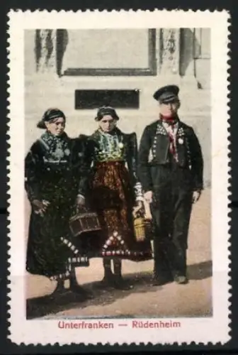 Reklamemarke Unterfranken Rüdenheim, Traditionelle Tracht, Drei Personen in Tracht
