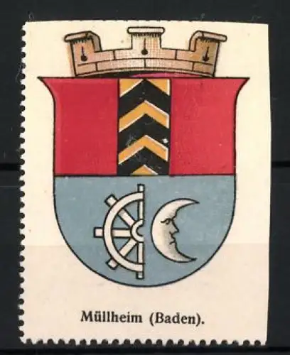 Reklamemarke Müllheim /Baden, Stadtwappen, Mondsichel und Zahnrad