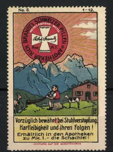 Künstler-Reklamemarke Johann Peter Werth, Abführmittel Rich. Brandt's Schweizer Pillen, Alphornbläser & Alm