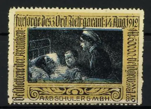 Reklamemarke München, Geld-Lotterie der Kranken-Fürsorge des 3. Ord., Krankenschwester am Bett, Ziehung 14. Aug. 1912