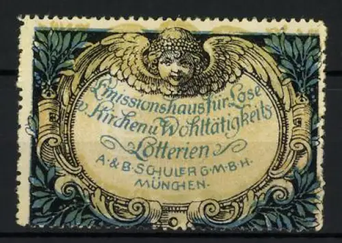 Reklamemarke München, A & B Schuler GmbH, Kirchenwohlthätigkeits Lotterien, Engelkopf