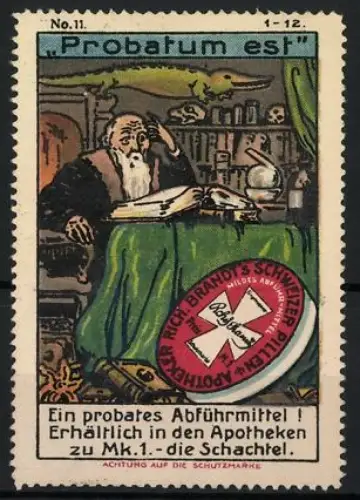 Künstler-Reklamemarke Johann Peter Werth, Abführmittel Rich. Brandt's Schweizer Pillen, Gelehrter m. Buch & Totenschädel