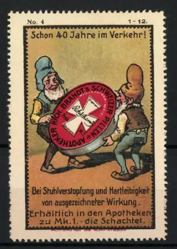 Künstler-Reklamemarke Johann Peter Werth, Abführmittel Rich. Brandt's Schweizer Pillen, Zwerge mit Pillendose