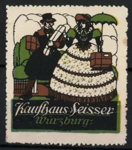 Reklamemarke Würzburg, Kaufhaus Seisser, elegantes Paar mit Koffer und Regenschirm