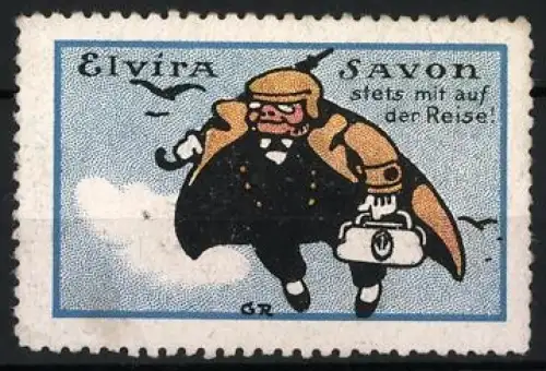 Reklamemarke Elvira, Savon Seife stets mit auf der Reise!, Reisender mit Koffer