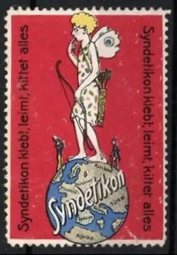 Reklamemarke Syndetikon, klebt, leimt, kittet alles, Weltkugel mit Elfe