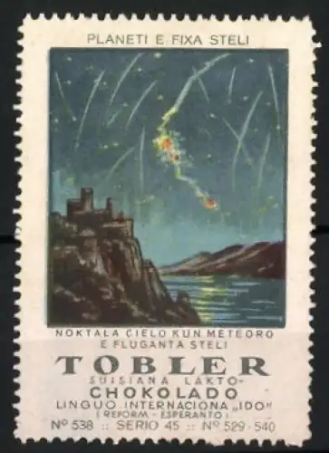 Reklamemarke Tobler, Schokolade, Astronomie-Serie, Noktala Cielo kun Meteoro, Sternenhimmel mit Burg