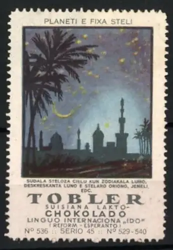 Reklamemarke Tobler, Schokolade, Planeti e Fixa Steli, Nachtlandschaft mit Palmen und Minaretten, Astronomie-Serie