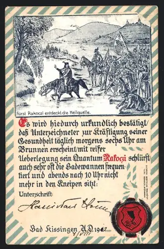 AK Bad Kissingen, Fürst Rakoczi entdeckt die Heilquelle, Scherzhafte Urkunde