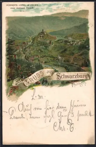 Lithographie Schwarzburg /Thüringen, Ortsansicht mit Umgebung