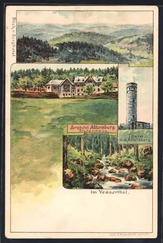 Lithographie Vesser, Berghotel Adlersberg, Turm auf dem Adlersberg, Bachlauf im Vessertal