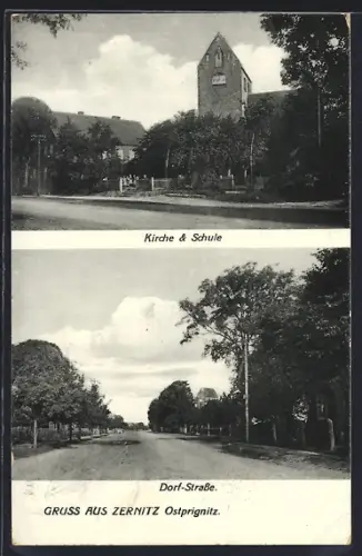 AK Zernitz /Ostprignitz, Partie in der Dorf-Strasse, Kirche und Schule
