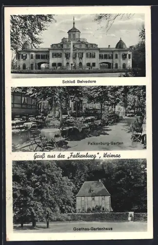 AK Weimar / Thüringen, Schloss Belvedere, Café Falkenburg und Goethes Gartenhaus