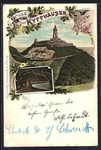 Lithographie Kyffhäuser, Kaiser Wilhelm-Denkmal von der Südostseite, Barbarossa-Höhle