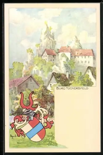 Lithographie Tüchersfeld, Blick auf die Burg