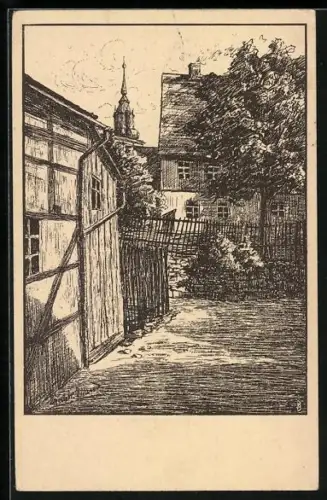 Künstler-AK Schneeberg / Erzgebirge, Fachwerkhaus und Kirche