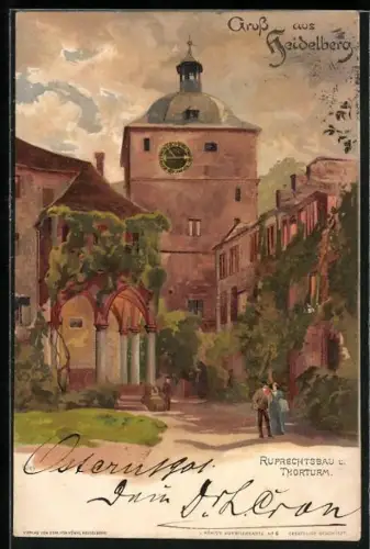 Künstler-Lithographie Heinrich Kley: Heidelberg, Ruprechtsbau und Thorturm