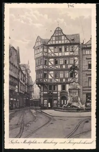 AK Giessen, Marktplatz u. Mäusburg mit Kriegerdenkmal