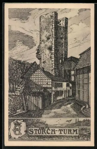Künstler-AK Einbeck, Blick zum Storch-Turm