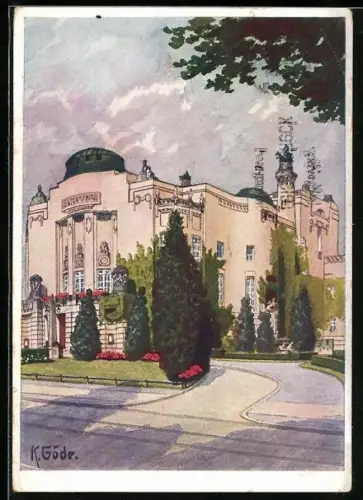 Künstler-AK Cottbus, Das Stadttheater mit Umgebung