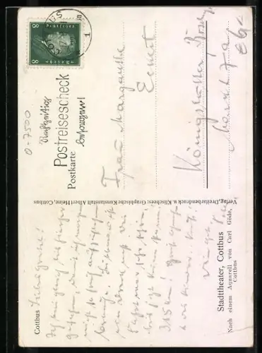 Künstler-AK Cottbus, Das Stadttheater mit Umgebung